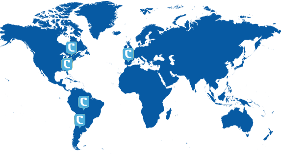 a blue world map showing the locations of Coalition’s team members
